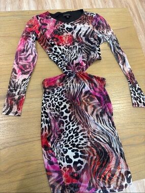 Guess Pink Multi Animal-Print Long Sleeve Cutout Dress Small